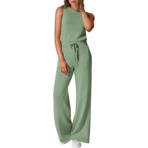imagePRETTYGARDEN Womens Jumpsuits Summer Casual One Piece Outfits Sleeveless Wide Leg Long Pants RompersGrey Green