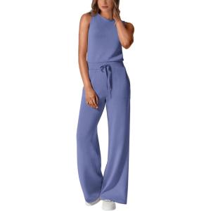 imagePRETTYGARDEN Womens Jumpsuits Summer Casual One Piece Outfits Sleeveless Wide Leg Long Pants RompersHaze Blue