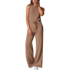 imagePRETTYGARDEN Womens Jumpsuits Summer Casual One Piece Outfits Sleeveless Wide Leg Long Pants RompersKhaki
