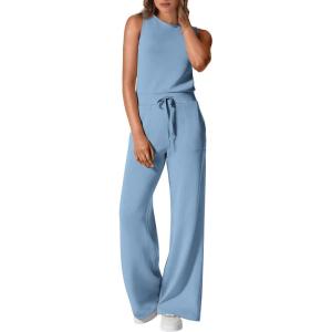 imagePRETTYGARDEN Womens Jumpsuits Summer Casual One Piece Outfits Sleeveless Wide Leg Long Pants RompersLight Blue