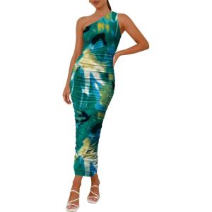 imagePRETTYGARDEN Womens One Shoulder Bodycon Dresses Summer 2025 Ruched Floral Beach Cocktail Wedding Guest DressGreen Floral