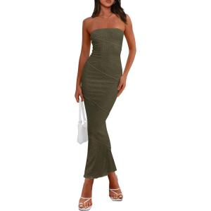 imagePRETTYGARDEN Womens Ribbed Maxi Bodycon Dress Summer Strapless Tube Y2K Party Club Long DressesArmy Green