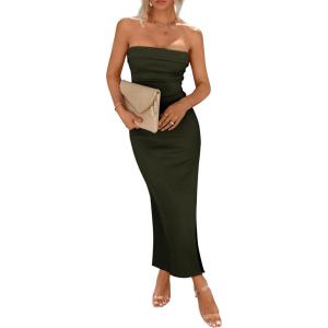 imagePRETTYGARDEN Womens Summer Bodycon Maxi Tube Dress Ribbed Strapless Side Slit Long Going Out Casual Elegant Party DressesArmy Green