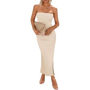 imagePRETTYGARDEN Womens Summer Bodycon Maxi Tube Dress Ribbed Strapless Side Slit Long Going Out Casual Elegant Party DressesBeige