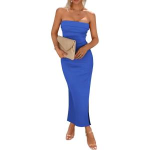 imagePRETTYGARDEN Womens Summer Bodycon Maxi Tube Dress Ribbed Strapless Side Slit Long Going Out Casual Elegant Party DressesBlue
