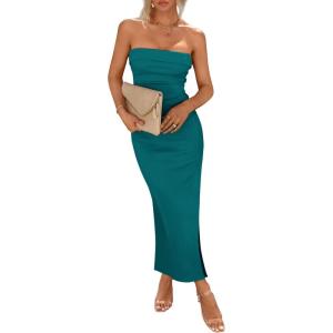 imagePRETTYGARDEN Womens Summer Bodycon Maxi Tube Dress Ribbed Strapless Side Slit Long Going Out Casual Elegant Party DressesBlue Green