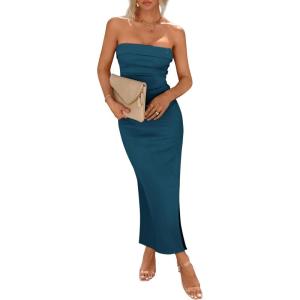 imagePRETTYGARDEN Womens Summer Bodycon Maxi Tube Dress Ribbed Strapless Side Slit Long Going Out Casual Elegant Party DressesDark Blue