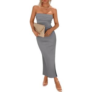 imagePRETTYGARDEN Womens Summer Bodycon Maxi Tube Dress Ribbed Strapless Side Slit Long Going Out Casual Elegant Party DressesGrey