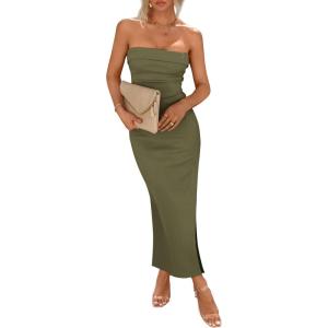 imagePRETTYGARDEN Womens Summer Bodycon Maxi Tube Dress Ribbed Strapless Side Slit Long Going Out Casual Elegant Party DressesLight Army Green