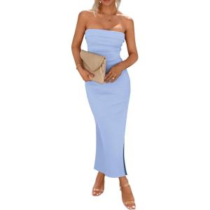imagePRETTYGARDEN Womens Summer Bodycon Maxi Tube Dress Ribbed Strapless Side Slit Long Going Out Casual Elegant Party DressesLight Blue