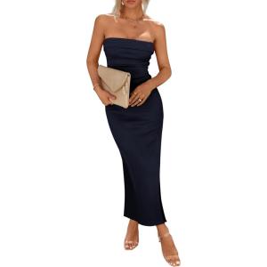 imagePRETTYGARDEN Womens Summer Bodycon Maxi Tube Dress Ribbed Strapless Side Slit Long Going Out Casual Elegant Party DressesNavy