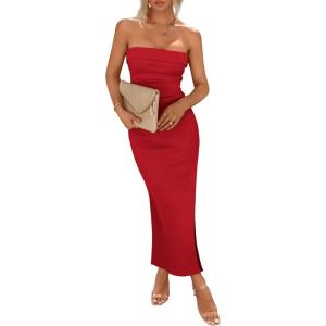 imagePRETTYGARDEN Womens Summer Bodycon Maxi Tube Dress Ribbed Strapless Side Slit Long Going Out Casual Elegant Party DressesRed