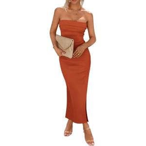 imagePRETTYGARDEN Womens Summer Bodycon Maxi Tube Dress Ribbed Strapless Side Slit Long Going Out Casual Elegant Party DressesRust Red