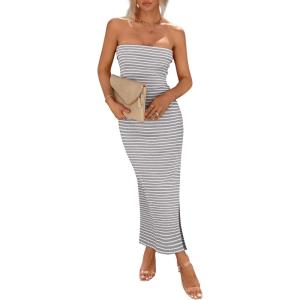 imagePRETTYGARDEN Womens Summer Bodycon Maxi Tube Dress Ribbed Strapless Side Slit Long Going Out Casual Elegant Party DressesStriped Light Grey White