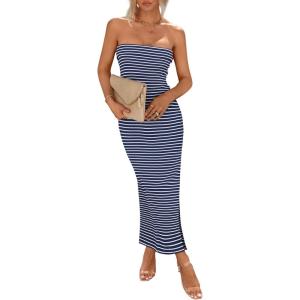 imagePRETTYGARDEN Womens Summer Bodycon Maxi Tube Dress Ribbed Strapless Side Slit Long Going Out Casual Elegant Party DressesStriped Navy White