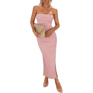 imagePRETTYGARDEN Womens Summer Bodycon Maxi Tube Dress Ribbed Strapless Side Slit Long Going Out Casual Elegant Party DressesStriped Pink White