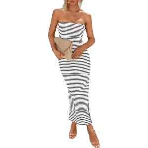 imagePRETTYGARDEN Womens Summer Bodycon Maxi Tube Dress Ribbed Strapless Side Slit Long Going Out Casual Elegant Party DressesStriped White Black