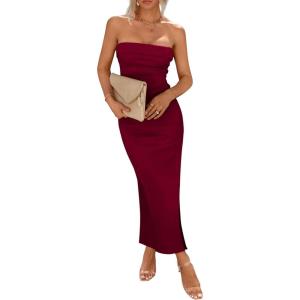 imagePRETTYGARDEN Womens Summer Bodycon Maxi Tube Dress Ribbed Strapless Side Slit Long Going Out Casual Elegant Party DressesWine Red