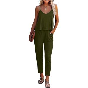 imagePRETTYGARDEN Womens Summer Casual One Piece Jumpsuits Spaghetti Strap Pants Romper 2025 Spring Vacation Resort OutfitsPure Army Green