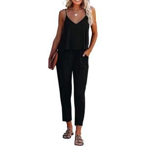 imagePRETTYGARDEN Womens Summer Casual One Piece Jumpsuits Spaghetti Strap Pants Romper 2025 Spring Vacation Resort OutfitsPure Black