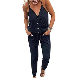 imagePRETTYGARDEN Womens Summer Casual One Piece Jumpsuits Spaghetti Strap Pants Romper 2025 Spring Vacation Resort OutfitsSolid Black