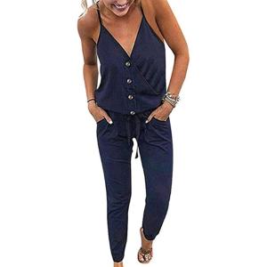 imagePRETTYGARDEN Womens Summer Casual One Piece Jumpsuits Spaghetti Strap Pants Romper 2025 Spring Vacation Resort OutfitsSolid Navy