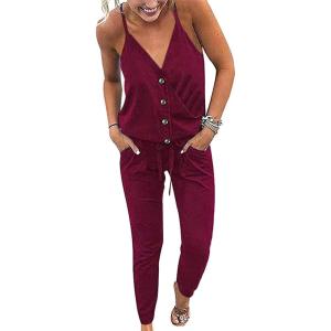 imagePRETTYGARDEN Womens Summer Casual One Piece Jumpsuits Spaghetti Strap Pants Romper 2025 Spring Vacation Resort OutfitsSolid Wine Red