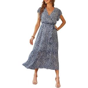 imagePRETTYGARDEN Womens Summer Floral Boho Maxi Dress Wrap Short Sleeve V Neck Ruffle ALine Flowy Wedding Guest Long DressesBlue01