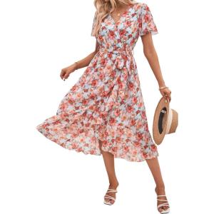 imagePRETTYGARDEN Womens Summer Floral Boho Maxi Dress Wrap Short Sleeve V Neck Ruffle ALine Flowy Wedding Guest Long DressesGreen Pink Floral