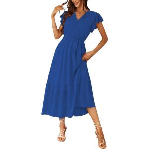 imagePRETTYGARDEN Womens Summer Floral Boho Maxi Dress Wrap Short Sleeve V Neck Ruffle ALine Flowy Wedding Guest Long DressesSolid Dark Blue