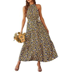 imagePRETTYGARDEN Womens Summer Floral Maxi Sun Dress Sleeveless Halter Neck Flowy Ruffle Hem Long Boho Dresses with BeltFloral Black