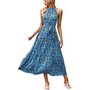 imagePRETTYGARDEN Womens Summer Floral Maxi Sun Dress Sleeveless Halter Neck Flowy Ruffle Hem Long Boho Dresses with BeltFloral Bright Blue