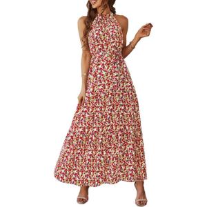 imagePRETTYGARDEN Womens Summer Floral Maxi Sun Dress Sleeveless Halter Neck Flowy Ruffle Hem Long Boho Dresses with BeltFloral Pink