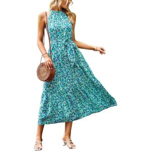imagePRETTYGARDEN Womens Summer Floral Maxi Sun Dress Sleeveless Halter Neck Flowy Ruffle Hem Long Boho Dresses with BeltFloral Sky Blue