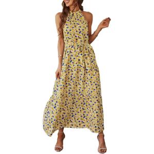 imagePRETTYGARDEN Womens Summer Floral Maxi Sun Dress Sleeveless Halter Neck Flowy Ruffle Hem Long Boho Dresses with BeltFloral Yellow