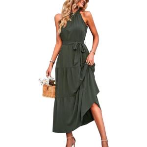 imagePRETTYGARDEN Womens Summer Floral Maxi Sun Dress Sleeveless Halter Neck Flowy Ruffle Hem Long Boho Dresses with BeltSolid Army Green