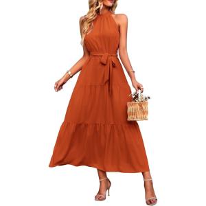 imagePRETTYGARDEN Womens Summer Floral Maxi Sun Dress Sleeveless Halter Neck Flowy Ruffle Hem Long Boho Dresses with BeltSolid Brown