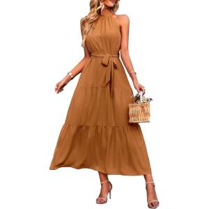 imagePRETTYGARDEN Womens Summer Floral Maxi Sun Dress Sleeveless Halter Neck Flowy Ruffle Hem Long Boho Dresses with BeltSolid Light Brown