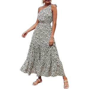 imagePRETTYGARDEN Womens Summer Floral One Shoulder Maxi Dress Knot Ruffle Boho Beach Vacation Wedding Guest Long DressesBlack White