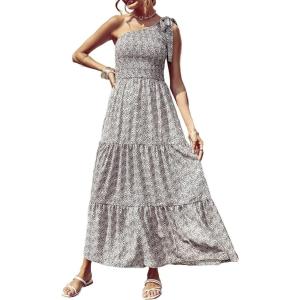 imagePRETTYGARDEN Womens Summer Floral One Shoulder Maxi Dress Knot Ruffle Boho Beach Vacation Wedding Guest Long DressesBlack White Floral