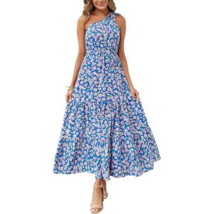 imagePRETTYGARDEN Womens Summer Floral One Shoulder Maxi Dress Knot Ruffle Boho Beach Vacation Wedding Guest Long DressesBlue Floral