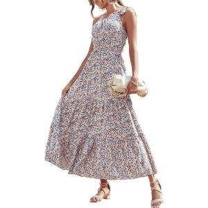 imagePRETTYGARDEN Womens Summer Floral One Shoulder Maxi Dress Knot Ruffle Boho Beach Vacation Wedding Guest Long DressesBlue White