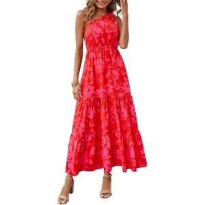 imagePRETTYGARDEN Womens Summer Floral One Shoulder Maxi Dress Knot Ruffle Boho Beach Vacation Wedding Guest Long DressesRed Floral