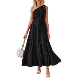 imagePRETTYGARDEN Womens Summer Floral One Shoulder Maxi Dress Knot Ruffle Boho Beach Vacation Wedding Guest Long DressesSolid Black