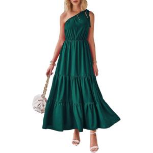 imagePRETTYGARDEN Womens Summer Floral One Shoulder Maxi Dress Knot Ruffle Boho Beach Vacation Wedding Guest Long DressesSolid Dark Green