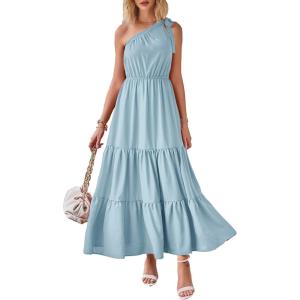 imagePRETTYGARDEN Womens Summer Floral One Shoulder Maxi Dress Knot Ruffle Boho Beach Vacation Wedding Guest Long DressesSolid Light Blue