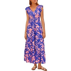 imagePRETTYGARDEN Womens Summer Flowy Maxi Dress Casual Cap Sleeve V Neck Smocked Beach SundressPrint Pink Purple