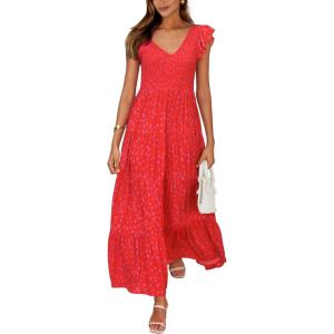 imagePRETTYGARDEN Womens Summer Flowy Maxi Dress Casual Cap Sleeve V Neck Smocked Beach SundressPrint Red