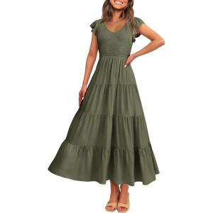 imagePRETTYGARDEN Womens Summer Flowy Maxi Dress Casual Cap Sleeve V Neck Smocked Beach SundressSolid Army Green