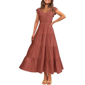 imagePRETTYGARDEN Womens Summer Flowy Maxi Dress Casual Cap Sleeve V Neck Smocked Beach SundressSolid Brick Red